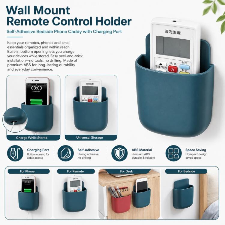 Wall Mount Remote Control Holder Self-Adhesive Bedside Phone Caddy Universal Storage Box Organizer with Charging Port - Blue