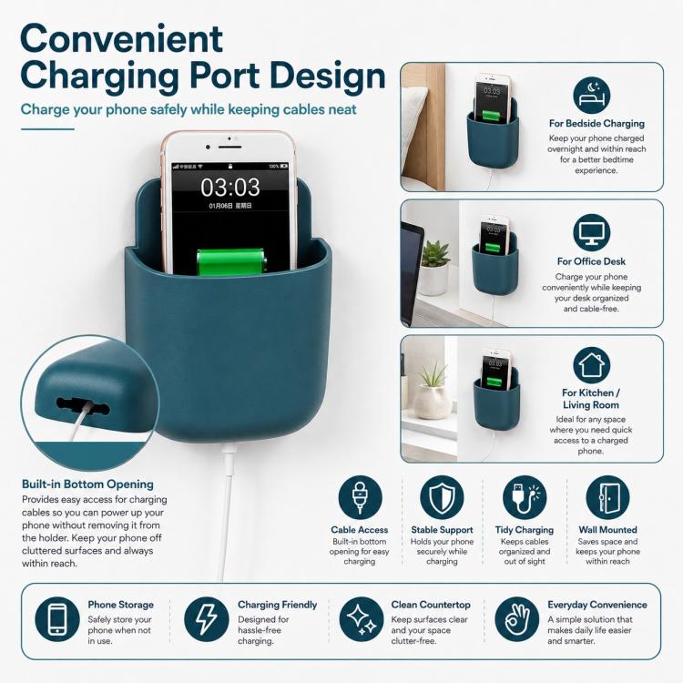Wall Mount Remote Control Holder Self-Adhesive Bedside Phone Caddy Universal Storage Box Organizer with Charging Port - Blue