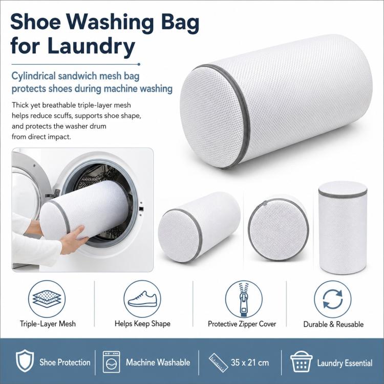 Shoe Washing Bag For Laundry Cylindrical Sandwich Mesh Laundry Bag With Durable Zipper Anti-Deformation & Protective Laundry Net 35x21cm