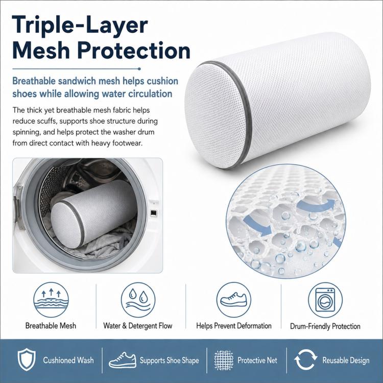 Shoe Washing Bag For Laundry Cylindrical Sandwich Mesh Laundry Bag With Durable Zipper Anti-Deformation & Protective Laundry Net 35x21cm