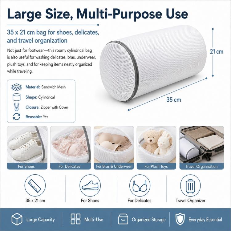 Shoe Washing Bag For Laundry Cylindrical Sandwich Mesh Laundry Bag With Durable Zipper Anti-Deformation & Protective Laundry Net 35x21cm