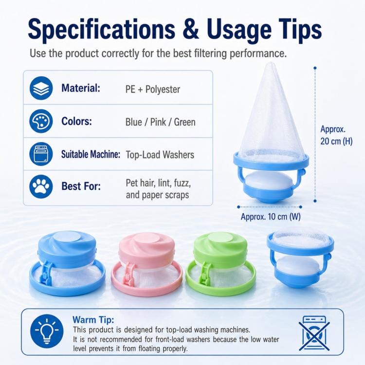 Washing Machine Lint Catcher Floating Hair Filter Mesh Net Bag for Laundry Reusable Pet Hair Remover for Washing Machine - Blue