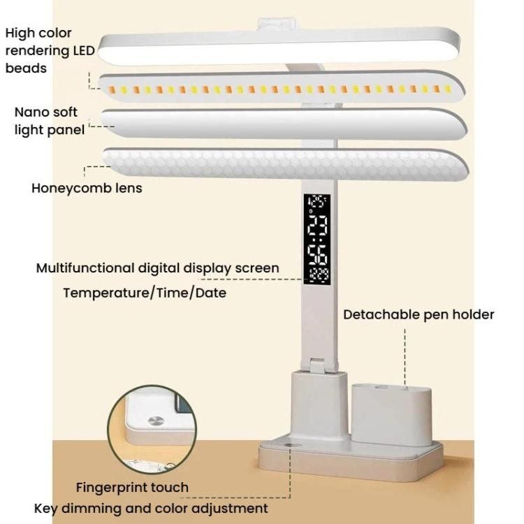 Xiajule Portable LED Desk Lamp With Time Display & Pen Holder, Dimmable Eye-Caring Lamp For Reading Homework, Spec: 1800mAh
