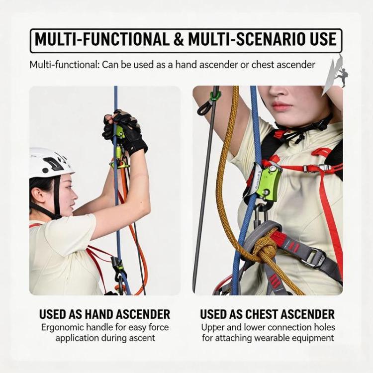 XINDA Rock Climbing Hand Ascender for 8-13mm Rope Ergonomic Handleless Design Climbing Gear for Arborist, Caving, SRT, Tree Climbing, and Rescue - Green Gray
