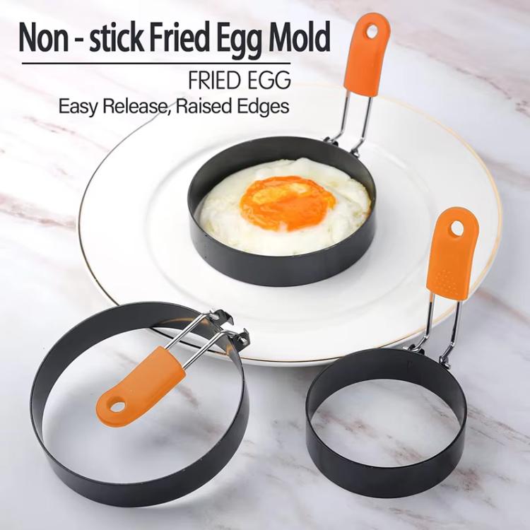 LsCook 4 inch Round Stainless Steel Egg Pan Heat-Resistant Silicone Handle Thickened Non-Stick Egg Mold - Silicone Orange Handle