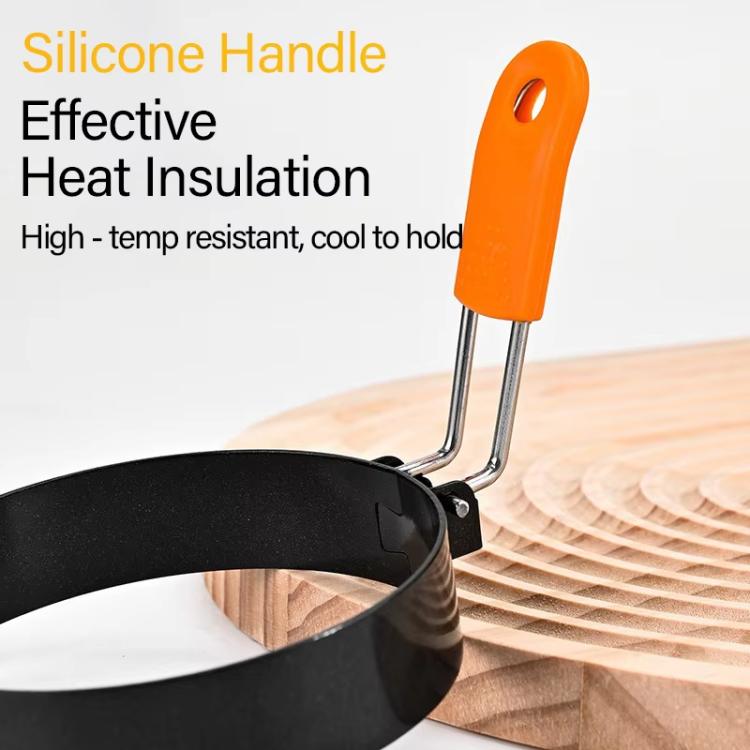 LsCook 4 inch Round Stainless Steel Egg Pan Heat-Resistant Silicone Handle Thickened Non-Stick Egg Mold - Silicone Orange Handle