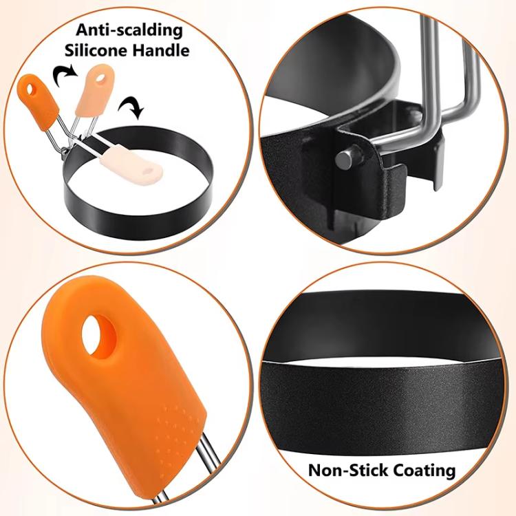 LsCook 4 inch Round Stainless Steel Egg Pan Heat-Resistant Silicone Handle Thickened Non-Stick Egg Mold - Silicone Orange Handle