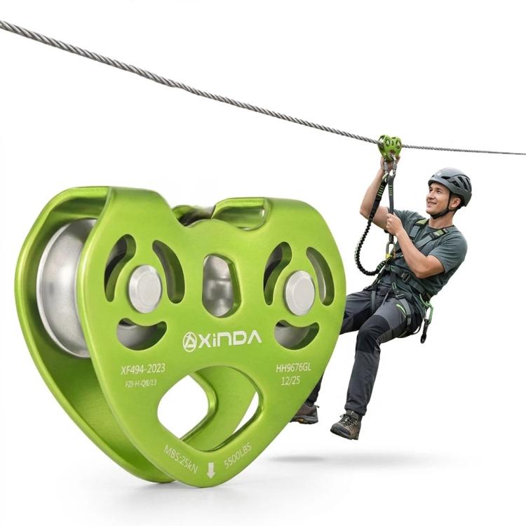 XINDA Double Trolley Pulley 5kN/5500lbs Heavy Duty Heart-Shaped Zip Line Pulley Tandem Pulley For Climbing, Rescue - Grass Green