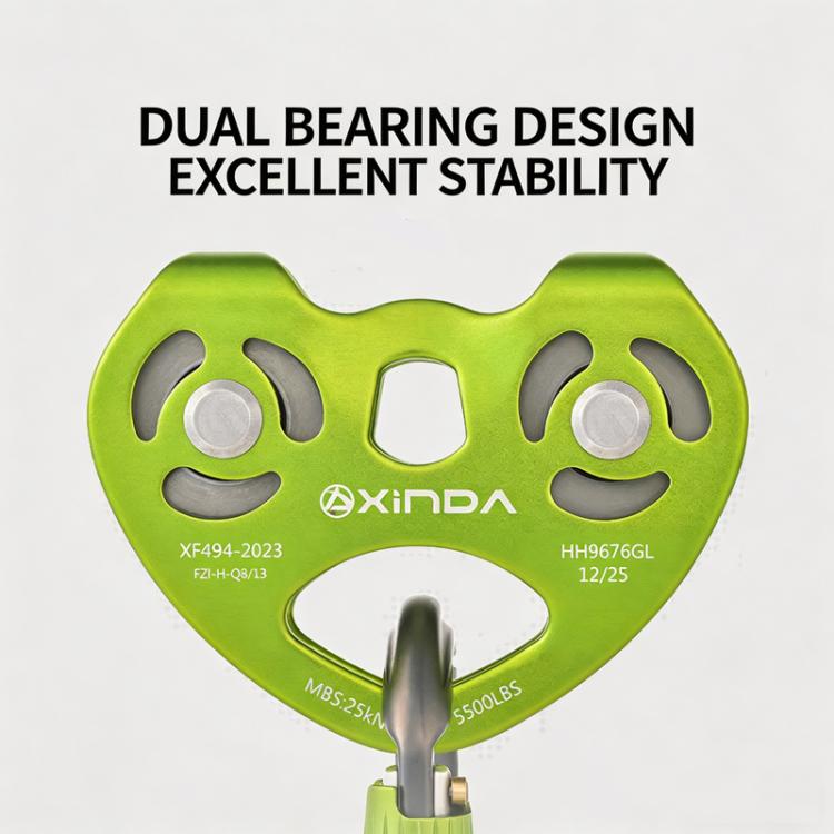 XINDA Double Trolley Pulley 5kN/5500lbs Heavy Duty Heart-Shaped Zip Line Pulley Tandem Pulley For Climbing, Rescue - Grass Green