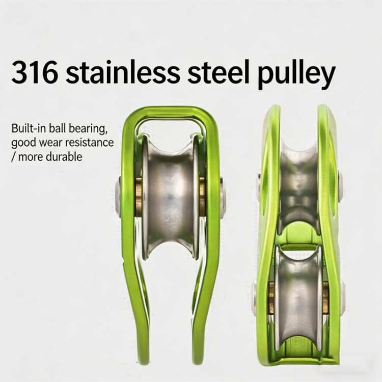 XINDA Double Trolley Pulley 5kN/5500lbs Heavy Duty Heart-Shaped Zip Line Pulley Tandem Pulley For Climbing, Rescue - Grass Green