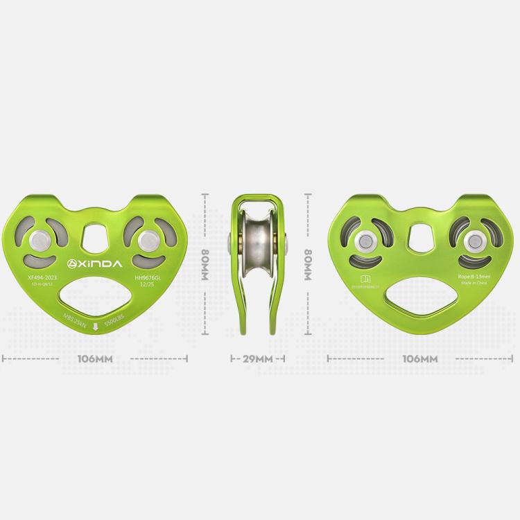 XINDA Double Trolley Pulley 5kN/5500lbs Heavy Duty Heart-Shaped Zip Line Pulley Tandem Pulley For Climbing, Rescue - Grass Green