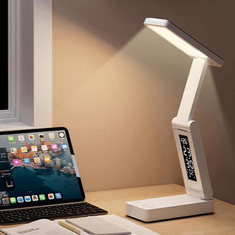 Xiajule Rechargeable Smart Digital Display Clock Folding Desk Lamp, Eye-Caring Study Bedside Reading Light - White