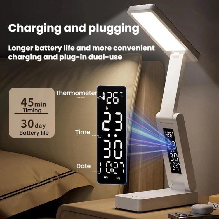 Xiajule Rechargeable Smart Digital Display Clock Folding Desk Lamp, Eye-Caring Study Bedside Reading Light - White