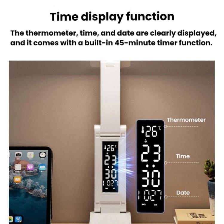 Xiajule Rechargeable Smart Digital Display Clock Folding Desk Lamp, Eye-Caring Study Bedside Reading Light - White