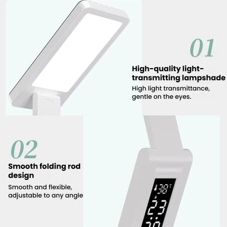 Xiajule Rechargeable Smart Digital Display Clock Folding Desk Lamp, Eye-Caring Study Bedside Reading Light - White