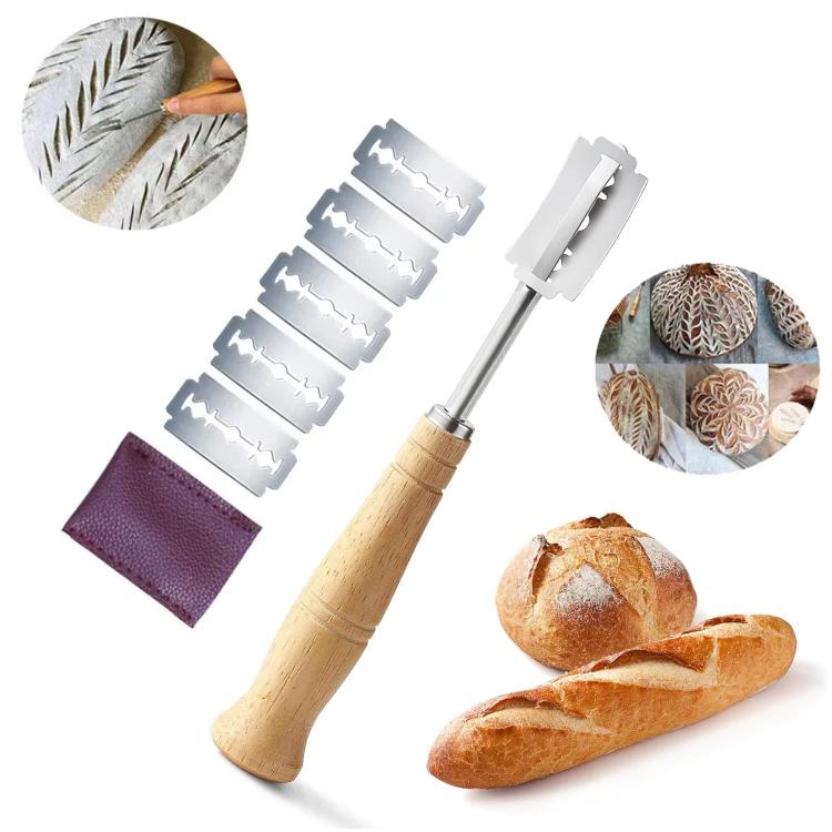 LsCook 7-Piece Set 304 Stainless Steel Bread Trimming Knife Dough Dividing Knife Wooden Handle Curved Bread Knife - Boxed