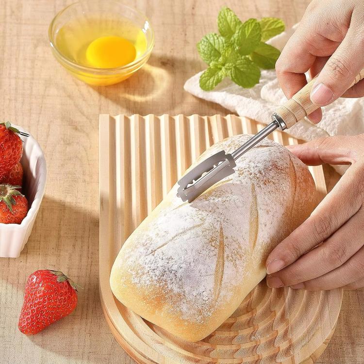LsCook 7-Piece Set 304 Stainless Steel Bread Trimming Knife Dough Dividing Knife Wooden Handle Curved Bread Knife - Boxed