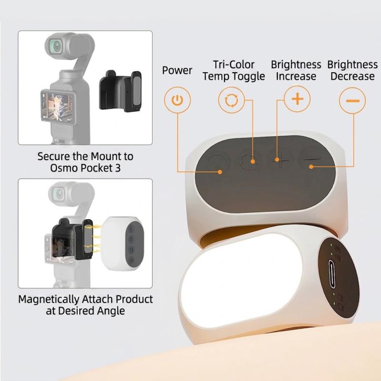 For DJI Osmo Pocket 4/3 Magnetic Fill Light 3 Color Modes Portable Rechargeable Vlog Video Light 2pcs /Pack