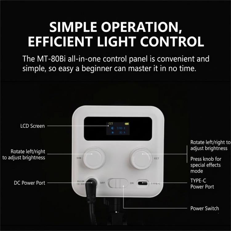 DENGWEI MT-80Bi 80W COB Video Light 2700K-6500K Bi-Color LED Continuous Output Lighting CRI 96+ Studio Light EU Plug