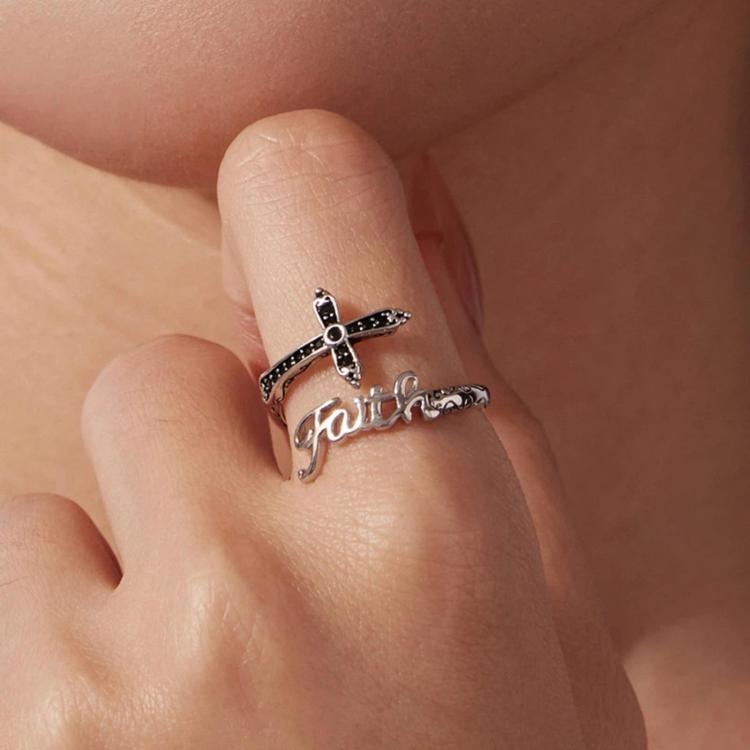 Vintage Cross Copper White Gold Plating Adjustable Ring - YIR309-E