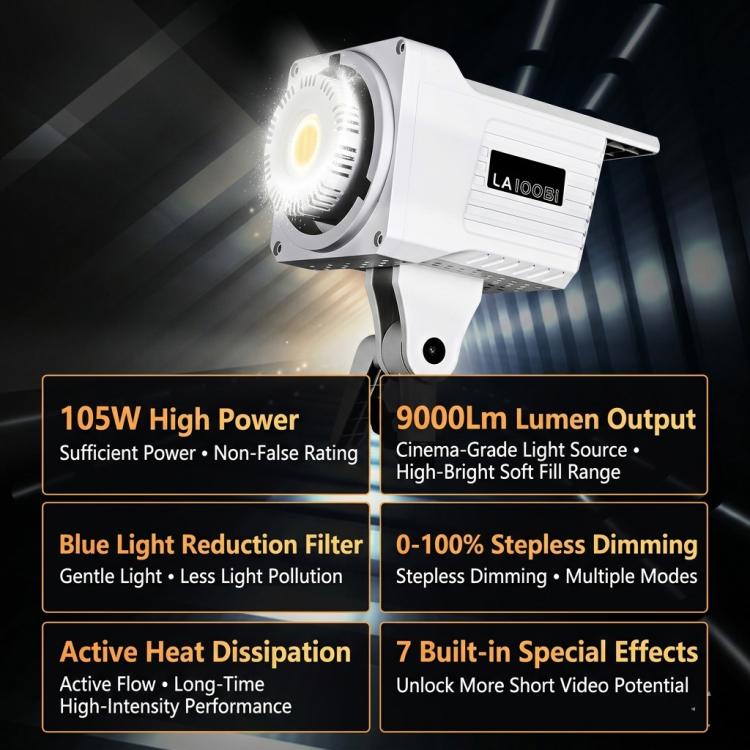 DENGWEI LA100Bi 100W LED Video Light COB Continuous Output Lighting For Live Streaming, 2700K-6500K Bi-Color Studio Light EU Plug