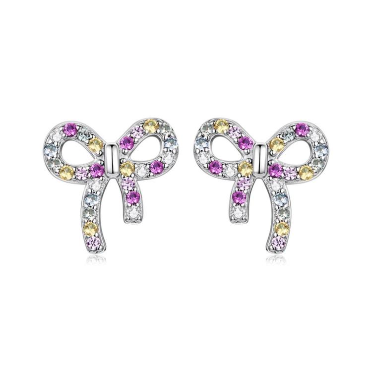 S925 Sterling Silver Sweet Bow Colorful Zirconia Stud Earrings - SCE2034