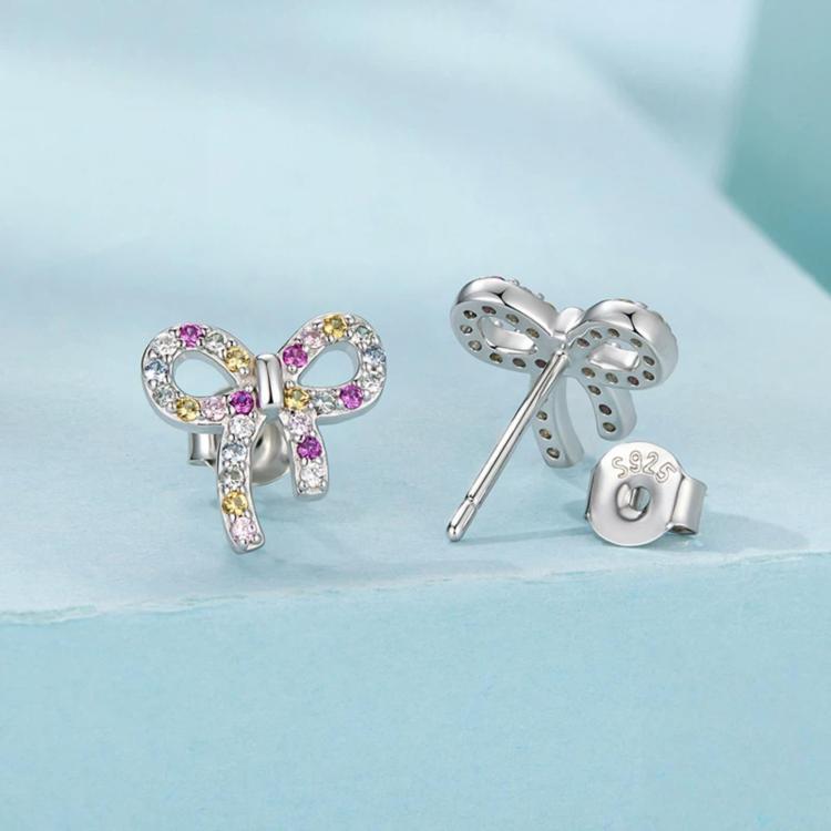 S925 Sterling Silver Sweet Bow Colorful Zirconia Stud Earrings - SCE2034