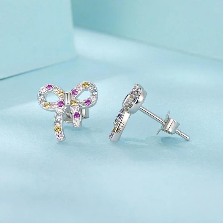 S925 Sterling Silver Sweet Bow Colorful Zirconia Stud Earrings - SCE2034