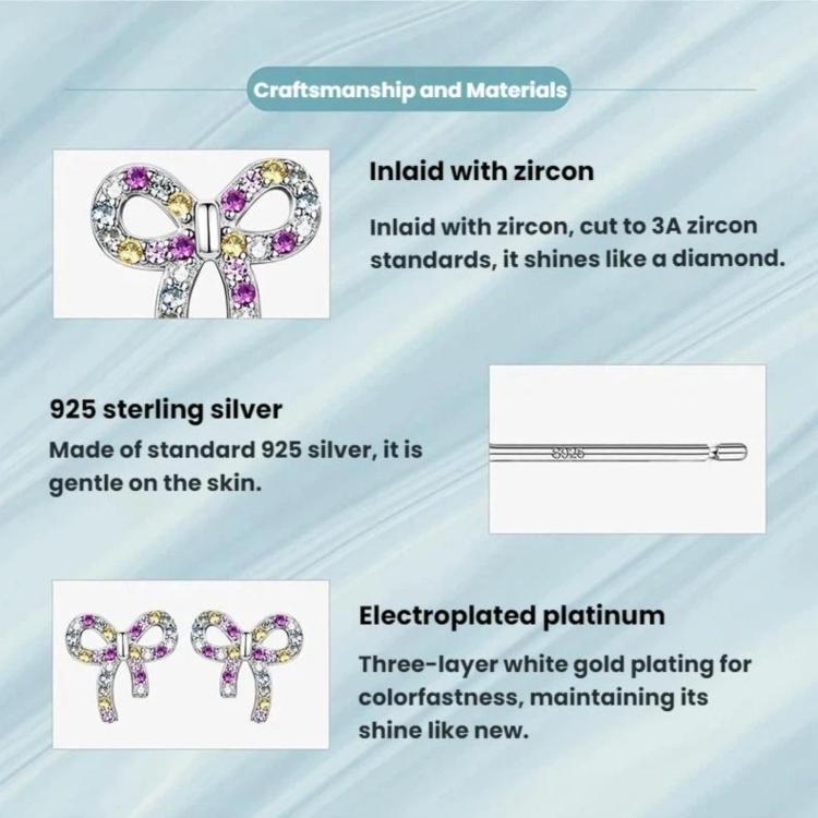 S925 Sterling Silver Sweet Bow Colorful Zirconia Stud Earrings - SCE2034