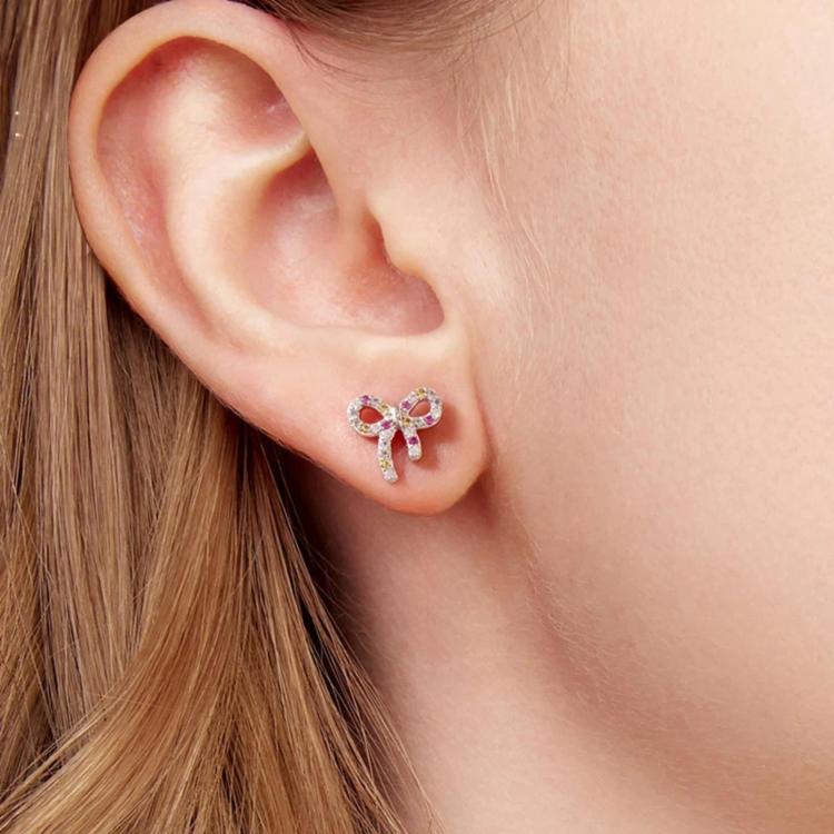 S925 Sterling Silver Sweet Bow Colorful Zirconia Stud Earrings - SCE2034