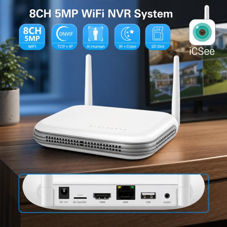 8CH Wireless NVR System For Security Cameras 5MP/3MP WiFi Network Video Recorder Support 2.5-Inch HDD & TF Card UK Plug