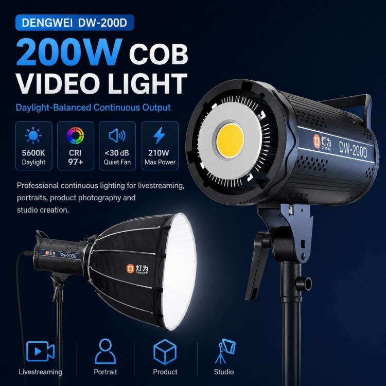 DENGWEI DW200D 200W COB LED Video Light Daylight Balanced Continuous Output Studio Lamp UK Plug