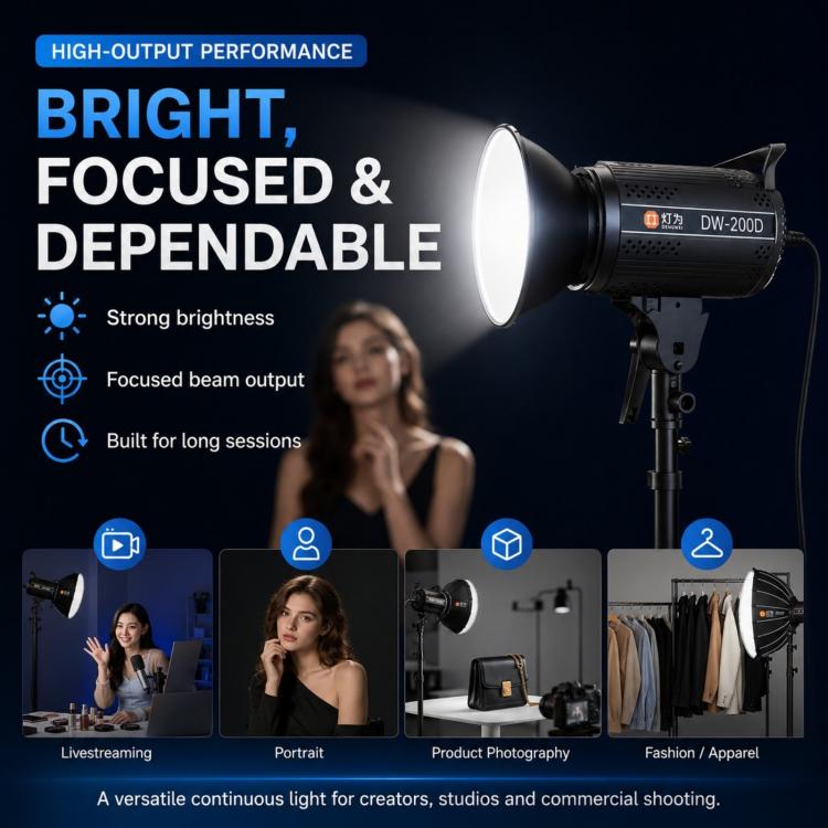 DENGWEI DW200D 200W COB LED Video Light Daylight Balanced Continuous Output Studio Lamp US Plug