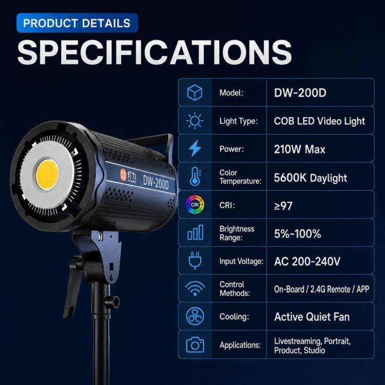 DENGWEI DW200D 200W COB LED Video Light Daylight Balanced Continuous Output Studio Lamp US Plug