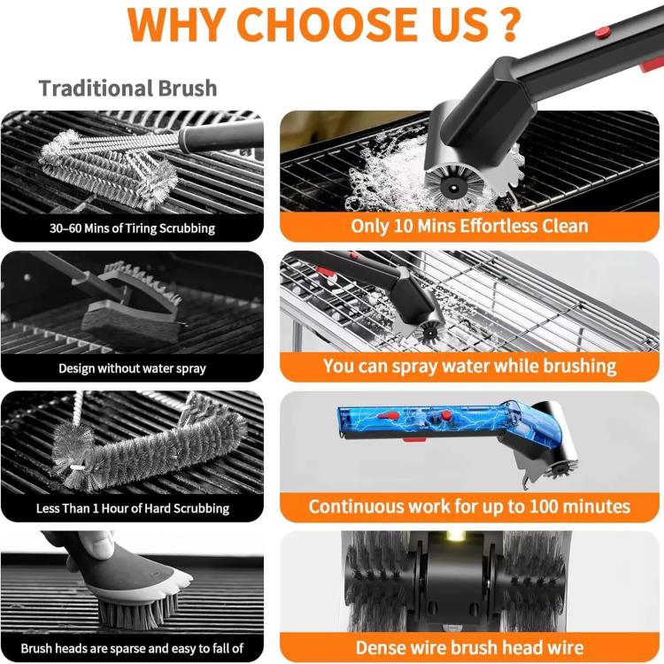 Water Spray Stainless Steel Wire Electric Grill Brush Cleaning Grill Hard-Bristle Brush Tool - Black
