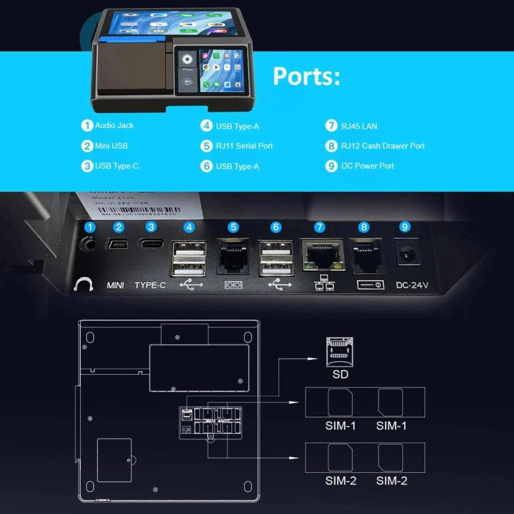 Z100 Dual-Screen Smart Cash Register With Printing All-In-One Machine, Android POS Terminal For Hotel, Restaurant, Supermarket EU Plug, Spec: 2.6 inch 58mm
