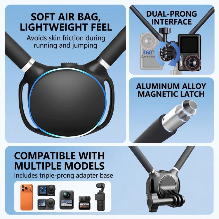 Neck Mount For Action Camera With 360-Degree Rotating Quick Release Base Air Cushion POV Necklace Holder With Anti-Shake Chest Strap - Black
