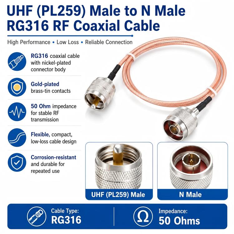 UHF Male To N-Type Male RG316 Extension Cable RF Coaxial Cable, Length: 3m