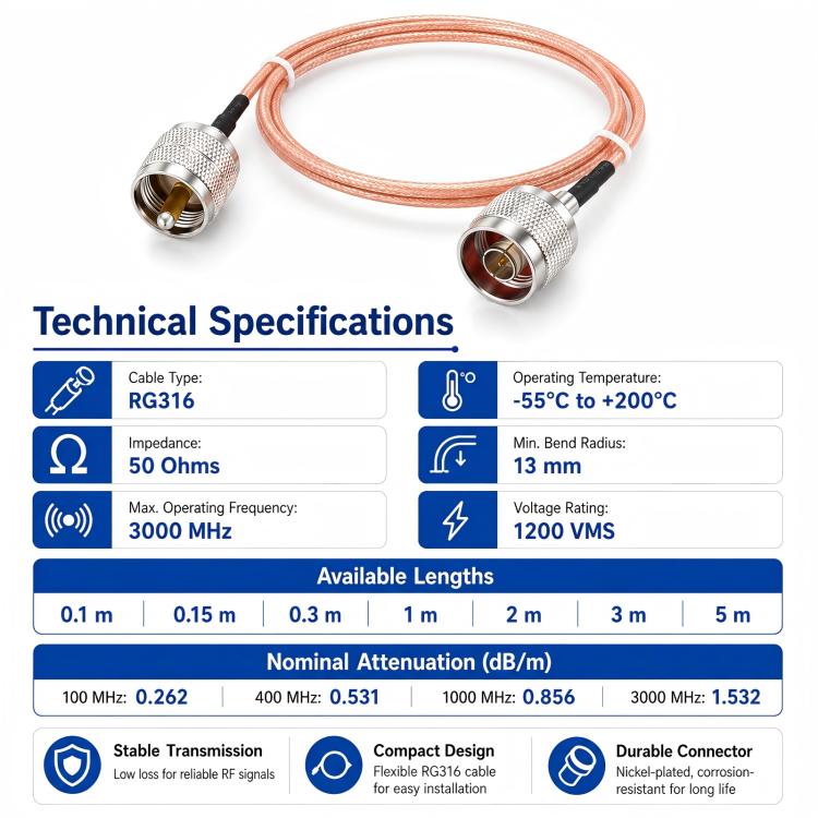 UHF Male To N-Type Male RG316 Extension Cable RF Coaxial Cable, Length: 5m