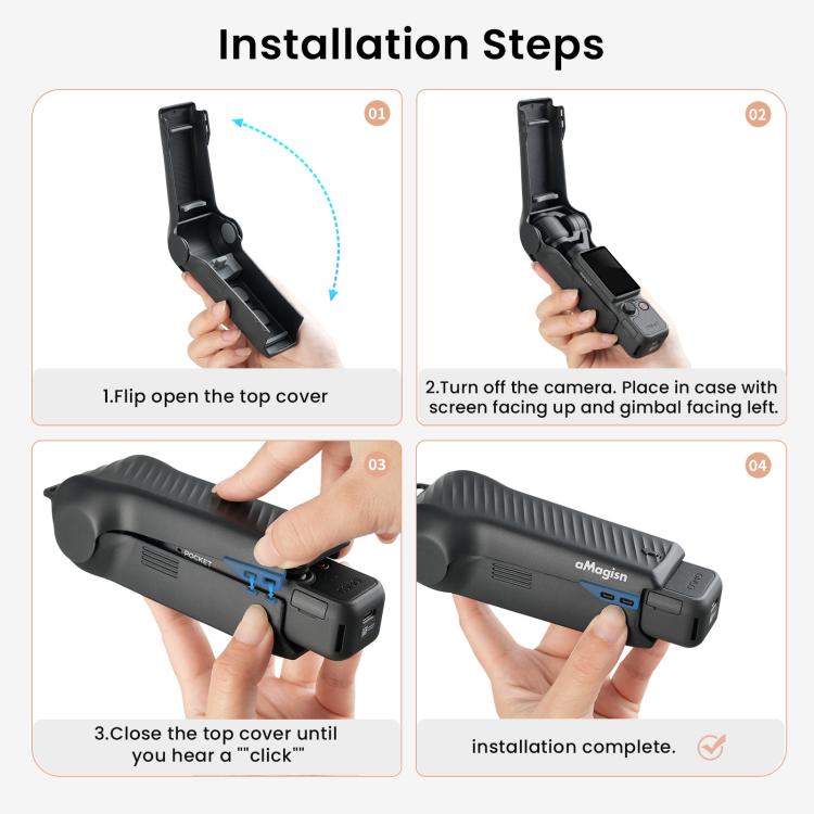 For DJI Osmo Pocket 4 aMagisn One-Piece Flip Protective Case Impact-Resistant ABS Hard Cover with Built-in Magnetic Filter Storage - Black