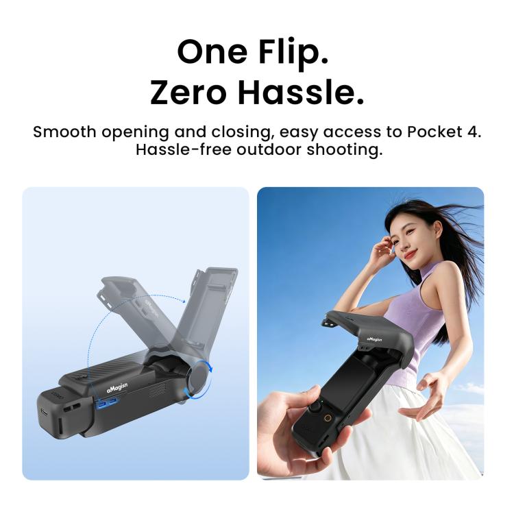 For DJI Osmo Pocket 4 aMagisn One-Piece Flip Protective Case Impact-Resistant ABS Hard Cover with Built-in Magnetic Filter Storage - Black