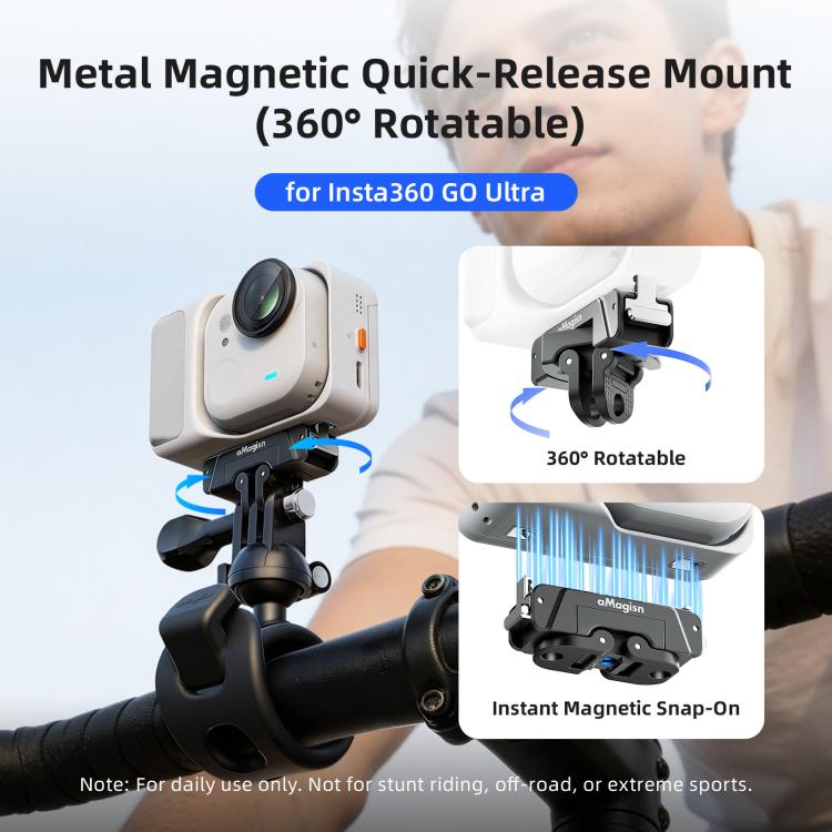For Insta360 GO Ultra AMagisn 360-Degree Rotatable Metal Magnetic Quick-Release Mount With 1/4-Inch Thread And 2-Prong Base - Black