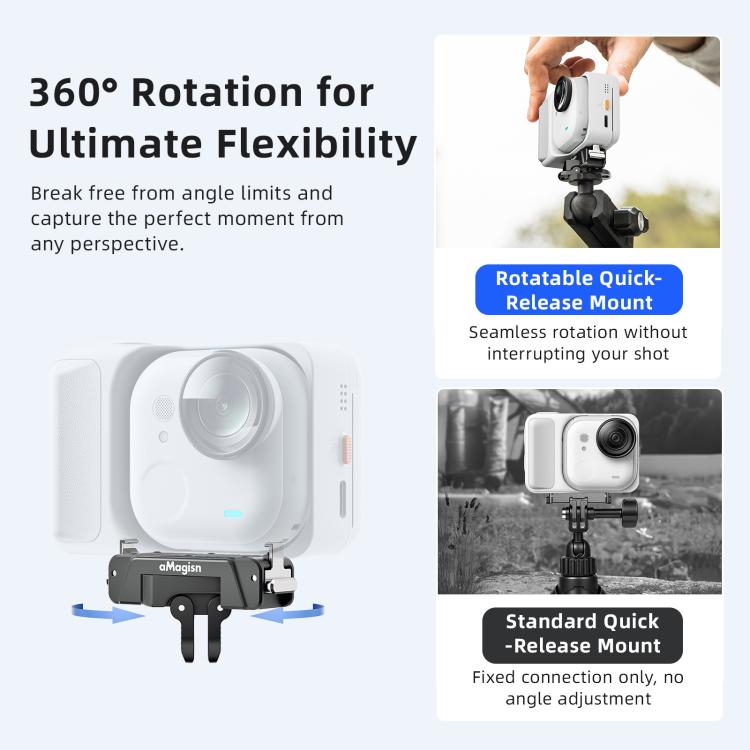 For Insta360 GO Ultra AMagisn 360-Degree Rotatable Metal Magnetic Quick-Release Mount With 1/4-Inch Thread And 2-Prong Base - Black