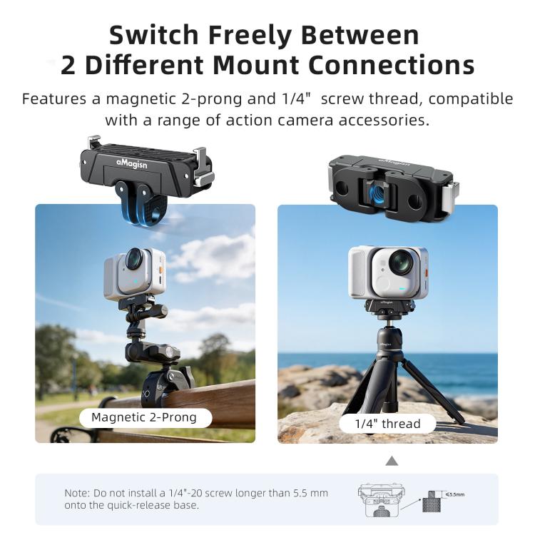 For Insta360 GO Ultra AMagisn 360-Degree Rotatable Metal Magnetic Quick-Release Mount With 1/4-Inch Thread And 2-Prong Base - Black