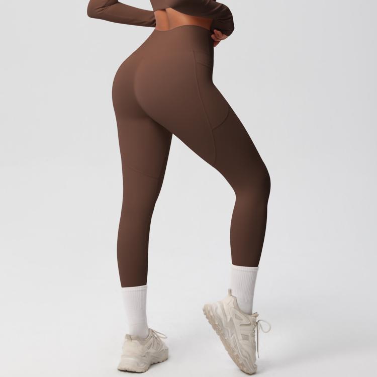 Double-Sided Brushed High-Waisted Stretchy Breathable Fitness Yoga Pants With Pockets, Size: S