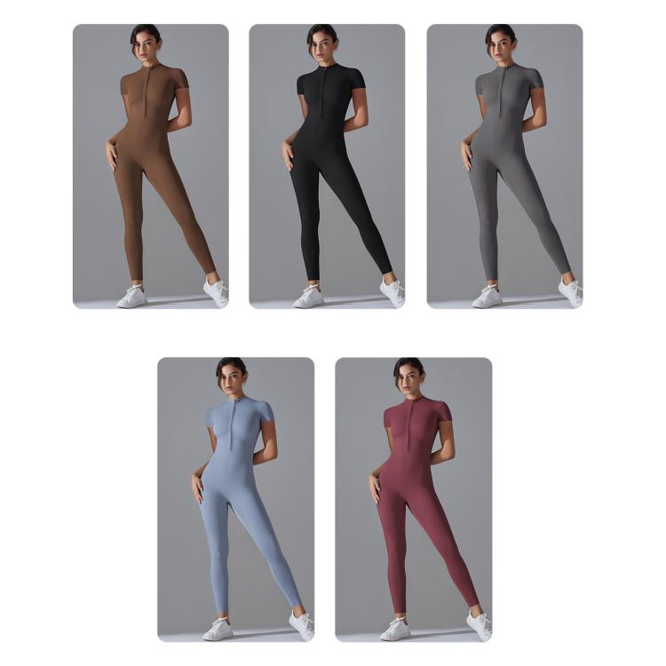 Zippered High-stretch Short-sleeved Bodysuit For Fitness Yoga, Size: L