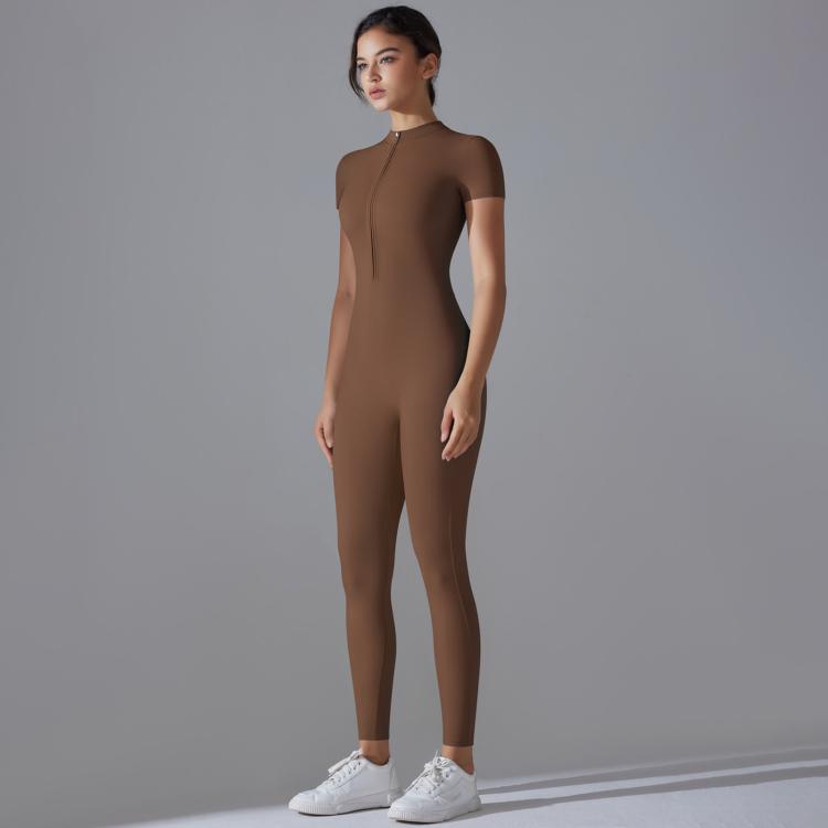 Zippered High-stretch Short-sleeved Bodysuit For Fitness Yoga, Size: XL