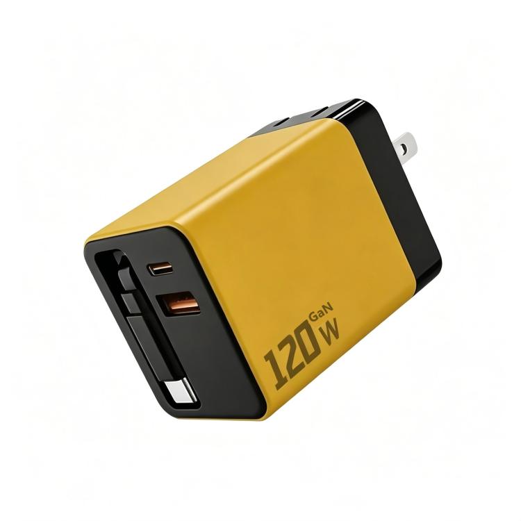 120W GaN Wall Charger with Built-in Retractable USB-C Cable 3-Port Fast Charging Block US Plug