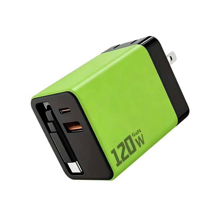 120W GaN Wall Charger with Built-in Retractable USB-C Cable 3-Port Fast Charging Block US Plug