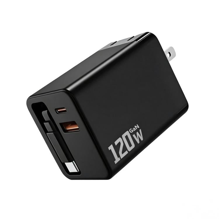 120W GaN Wall Charger with Built-in Retractable USB-C Cable 3-Port Fast Charging Block US Plug